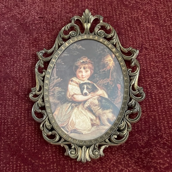 Other - Mid Century Brass Oval Picture Portrait Print of girl holding puppy